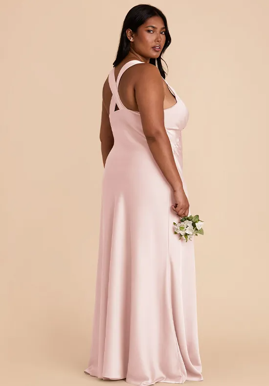 Blush Pink Satin Wide Strap Ruched V-Neck Cross Back Mermaid Floor Length Plus Size Bridesmaid Dresses