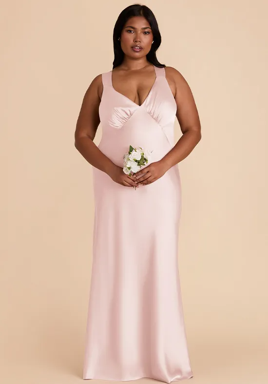 Blush Pink Satin Wide Strap Ruched V-Neck Cross Back Mermaid Floor Length Plus Size Bridesmaid Dresses