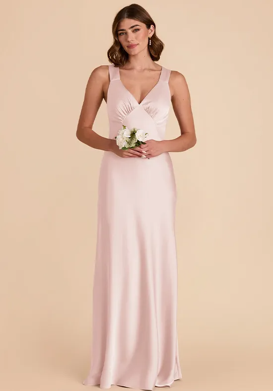 Blush Pink Satin Wide Strap Ruched V-Neck Cross Back Mermaid Floor Length Plus Size Bridesmaid Dresses