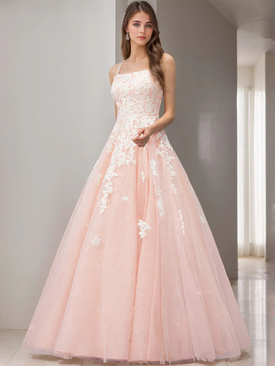 Blush Pink Sequin Tulle Ball Gown Prom Dress with 3D Lace Appliqué, One-Shoulder Neckline & Cross-Back Straps