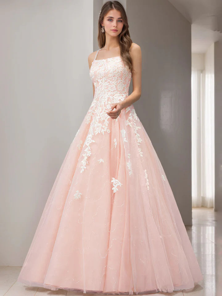 Blush Pink Sequin Tulle Ball Gown Prom Dress with 3D Lace Appliqué, One-Shoulder Neckline & Cross-Back Straps