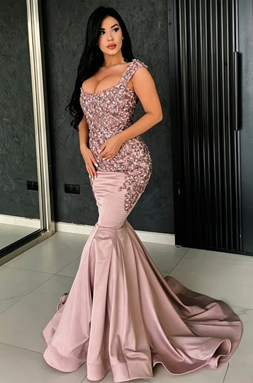 Blush Pink Sequined Bodice One-Shoulder Satin Mermaid Evening Dress