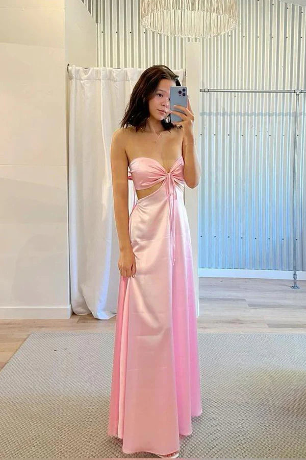 Blush Pink Strapless Cut-Out Bow-Back Satin A-Line Evening Dresses