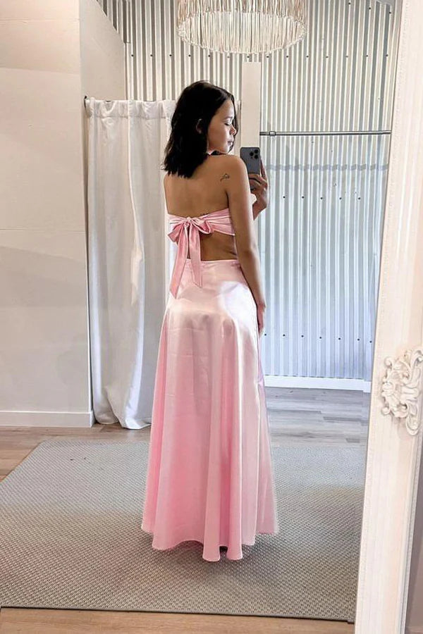 Blush Pink Strapless Cut-Out Bow-Back Satin A-Line Evening Dresses