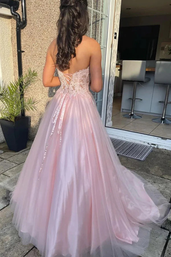 Blush Pink Strapless Lace Corset Tulle Ball Gown Evening Dresses