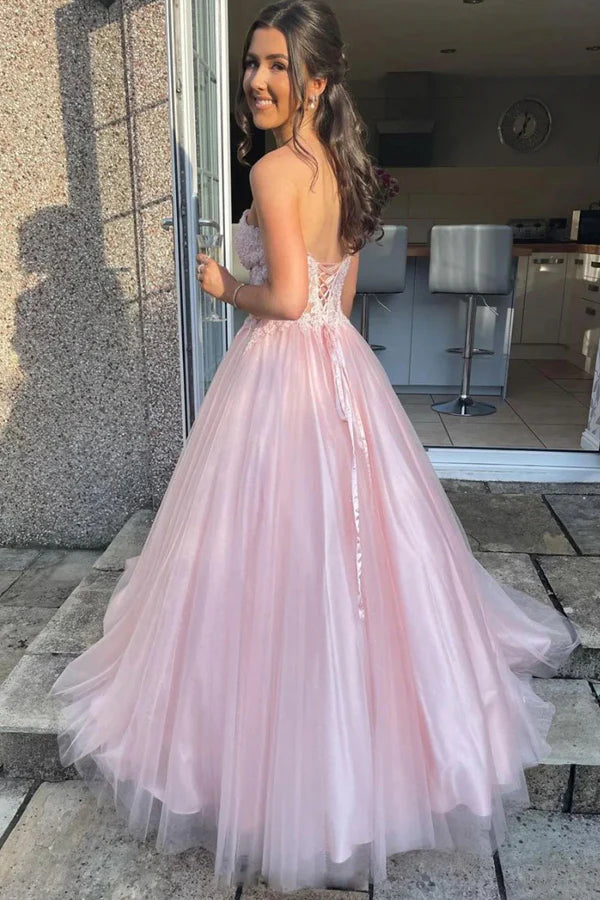 Blush Pink Strapless Lace Corset Tulle Ball Gown Evening Dresses