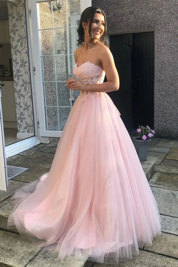 Blush Pink Strapless Lace Corset Tulle Ball Gown Evening Dresses