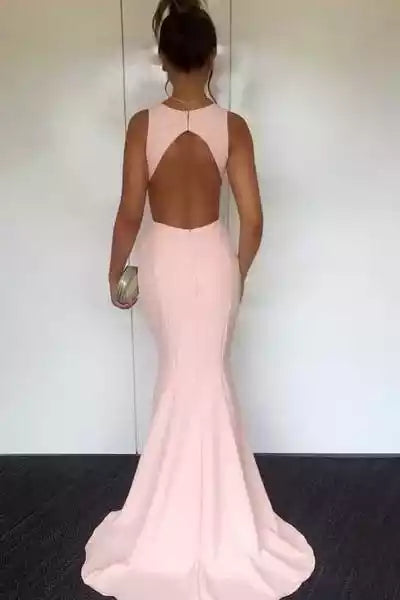 Blush Pink Stretch Crepe Mermaid Gown with Keyhole Neck & Open Back