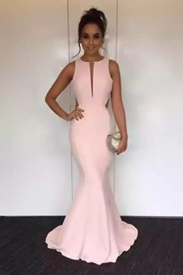 Blush Pink Stretch Crepe Mermaid Gown with Keyhole Neck & Open Back