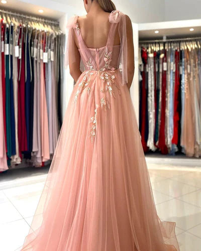Blush Pink Tulle Bow-Strap Floral-Embroidered A-Line Evening Dress