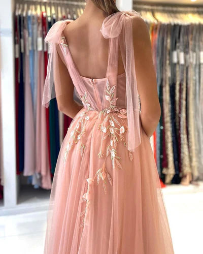 Blush Pink Tulle Bow-Strap Floral-Embroidered A-Line Evening Dress