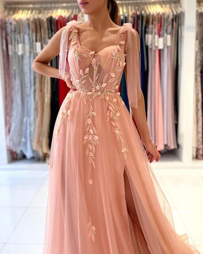 Blush Pink Tulle Bow-Strap Floral-Embroidered A-Line Evening Dress