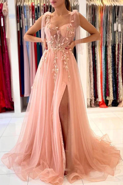 Blush Pink Tulle Bow-Strap Floral-Embroidered A-Line Evening Dress