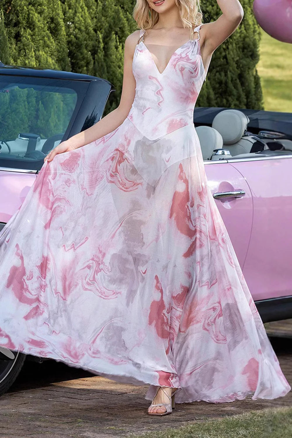 Blush Print Sheath V-Neck Chiffon Backless Long Prom Dress