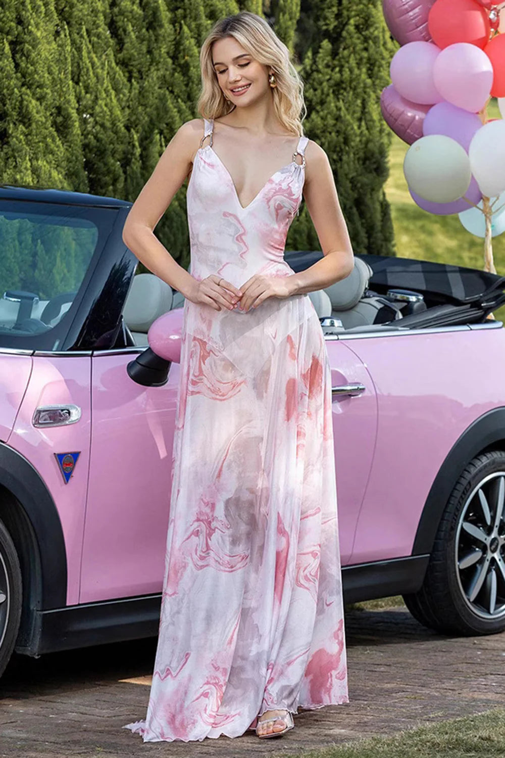 Blush Print Sheath V-Neck Chiffon Backless Long Prom Dress
