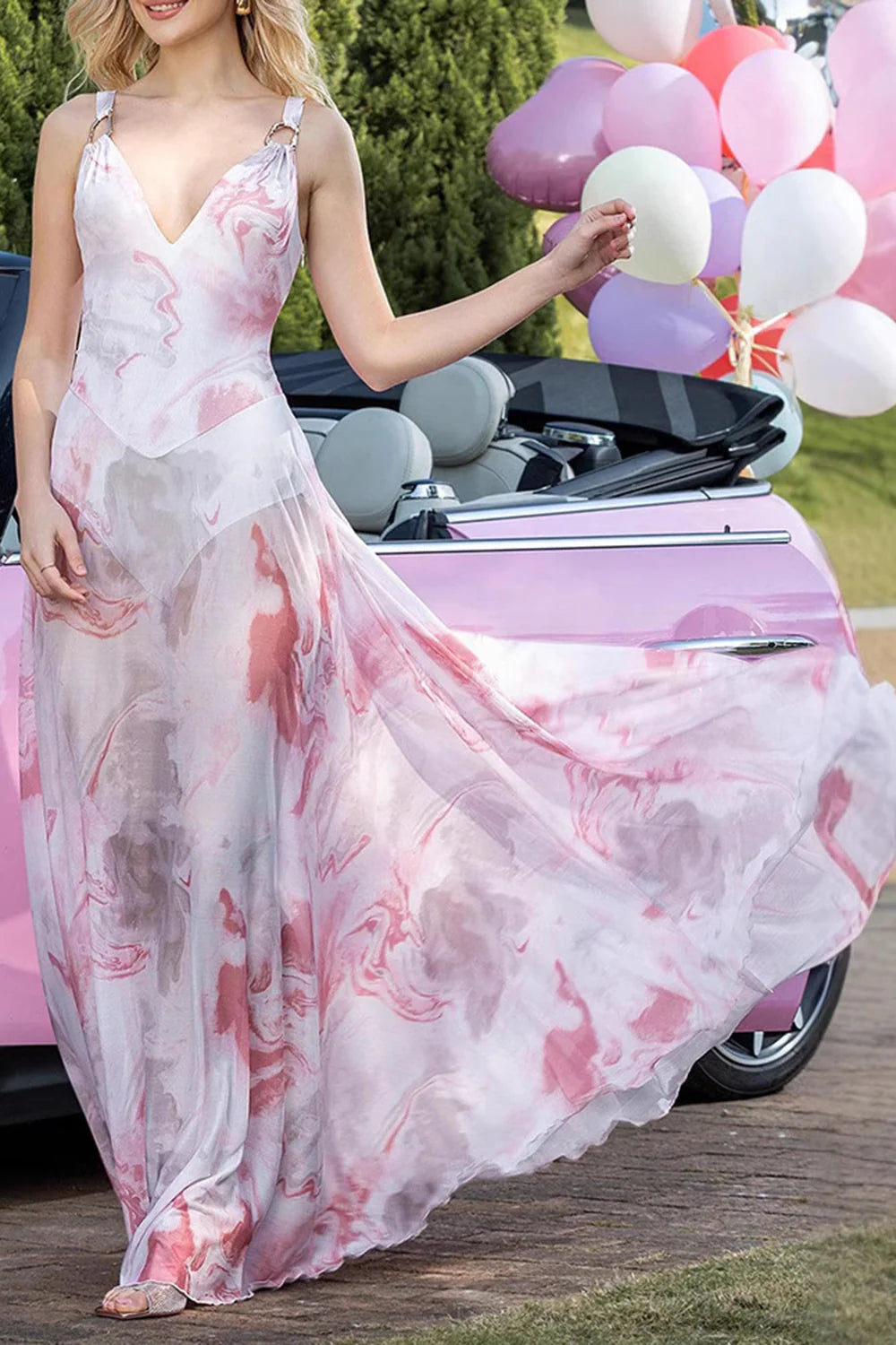 Blush Print Sheath V-Neck Chiffon Backless Long Prom Dress