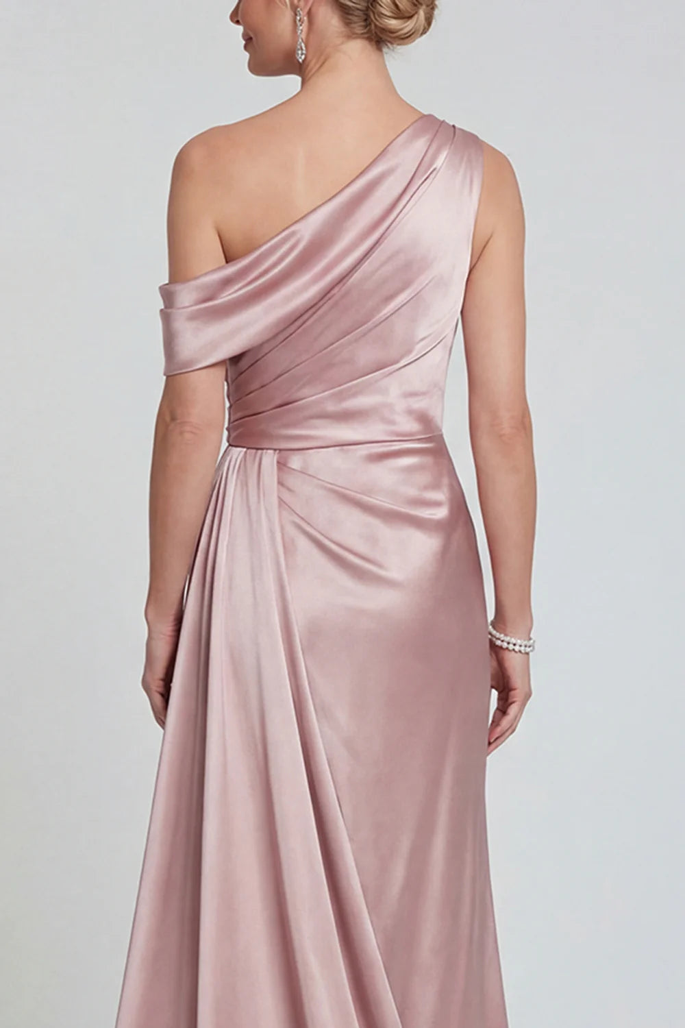 Blush Satin Mermaid Asymmetrical Neck Draped-Sleeve Floor Length Mother of the Bride Dress