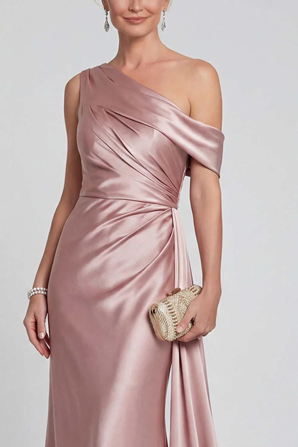 Blush Satin Mermaid Asymmetrical Neck Draped-Sleeve Floor Length Mother of the Bride Dress