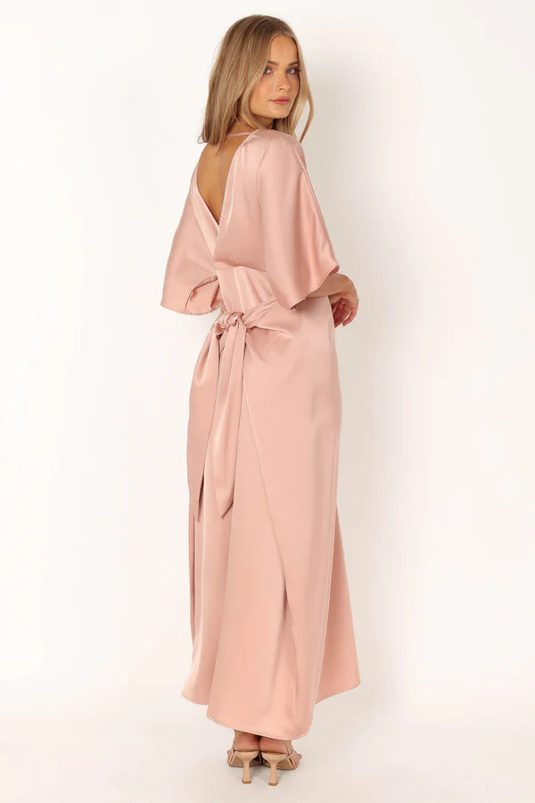 Blush Satin Midi V Neck Kimono Sleeves Waist Tie Open Back Evening Dress