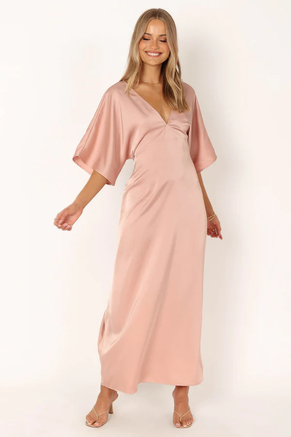 Blush Satin Midi V Neck Kimono Sleeves Waist Tie Open Back Evening Dress