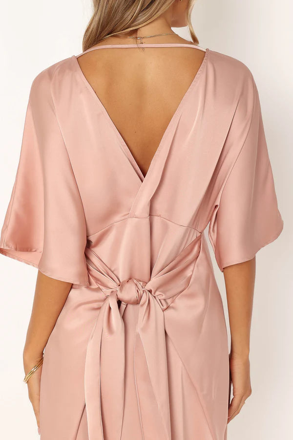 Blush Satin Midi V Neck Kimono Sleeves Waist Tie Open Back Evening Dress