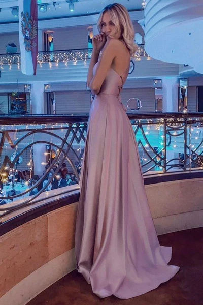 Blush Satin Spaghetti Strap Lace-Up Back High-Slit A-Line Evening Dress