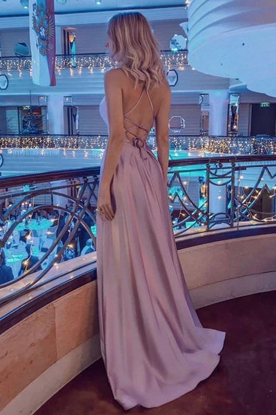 Blush Satin Spaghetti Strap Lace-Up Back High-Slit A-Line Evening Dress