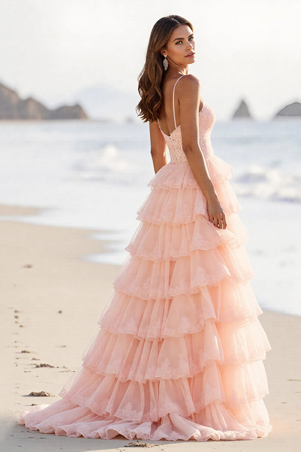 Blush Tulle A Line Spaghetti Straps Long Tiered Prom Dress with Slit
