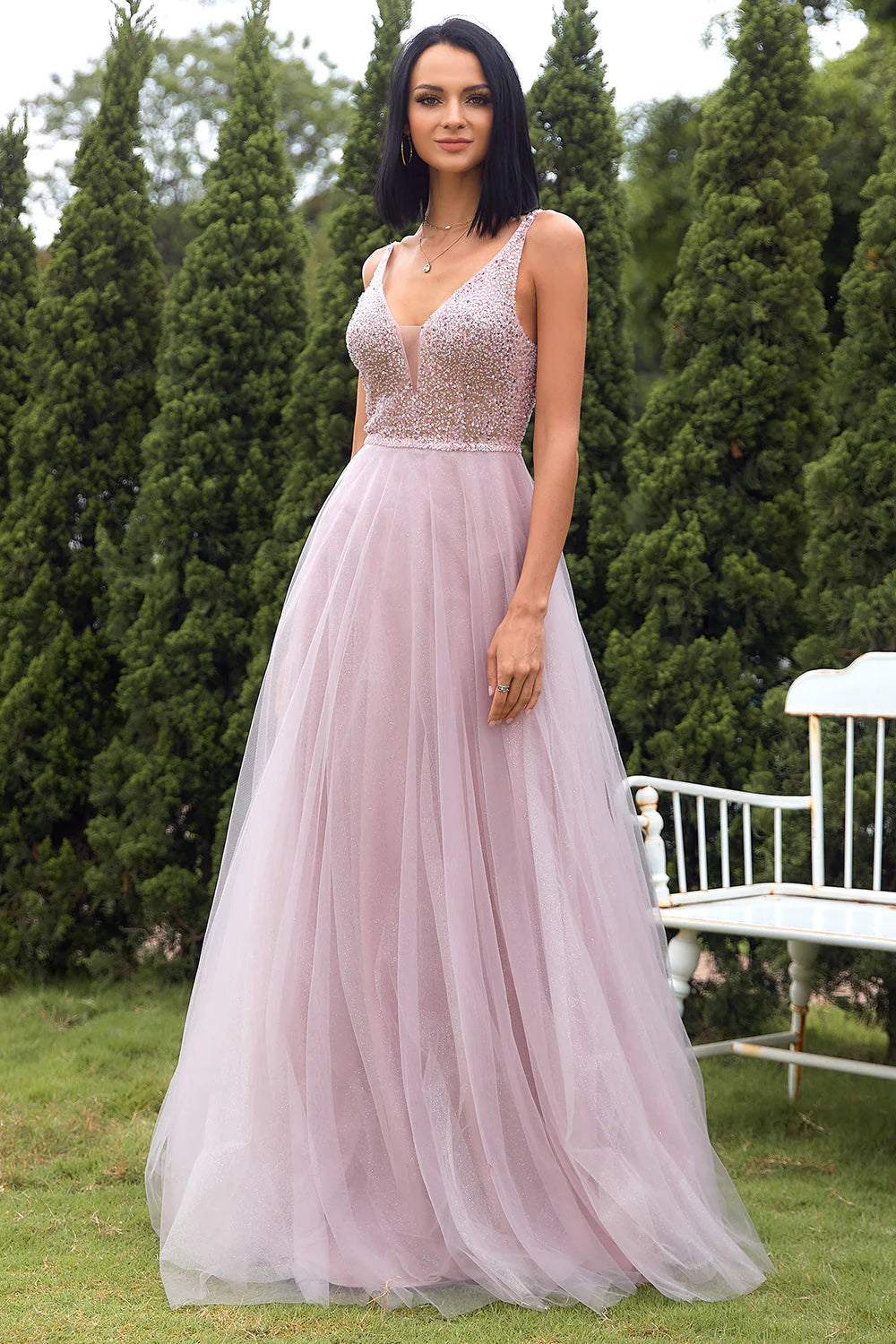 Blush Tulle Sequins Full Of Charm  Prom Dress with Appliques
