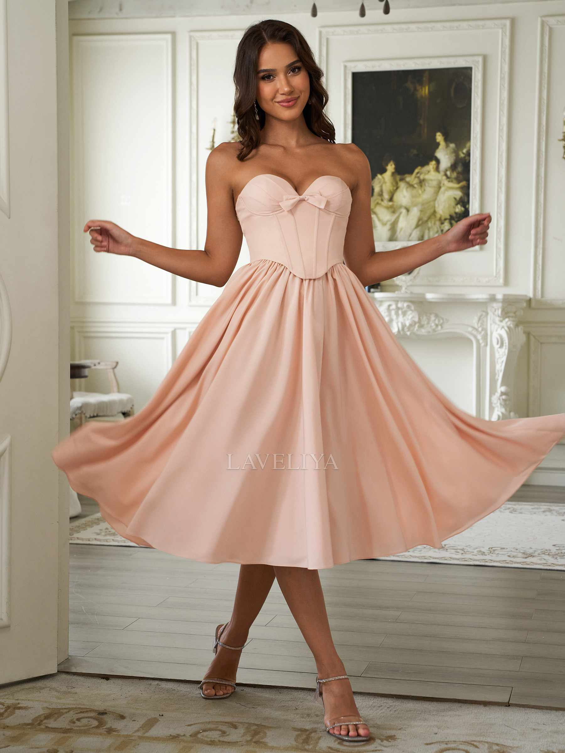 Blush pink satin strapless sweetheart bow corset midi A-line homecoming dress