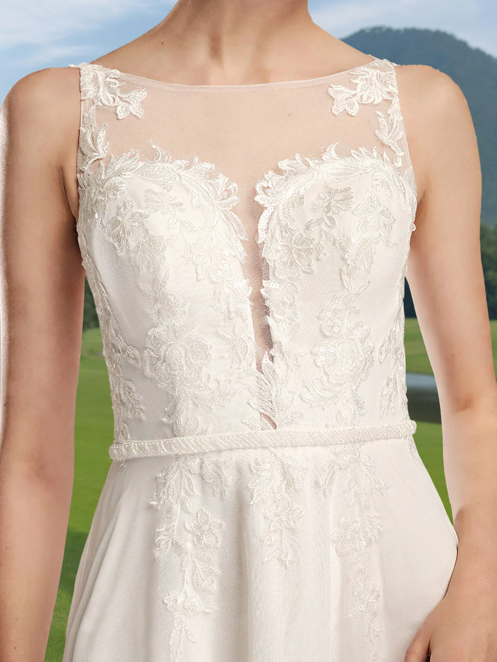 Boat-Neck Illusion Lace Chiffon Wedding Dress with Embroidered Bodice, Beaded Waistband & Chapel Train