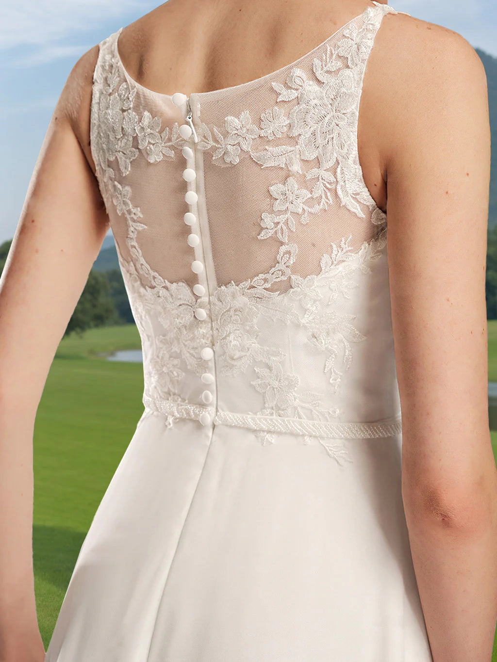 Boat-Neck Illusion Lace Chiffon Wedding Dress with Embroidered Bodice, Beaded Waistband & Chapel Train
