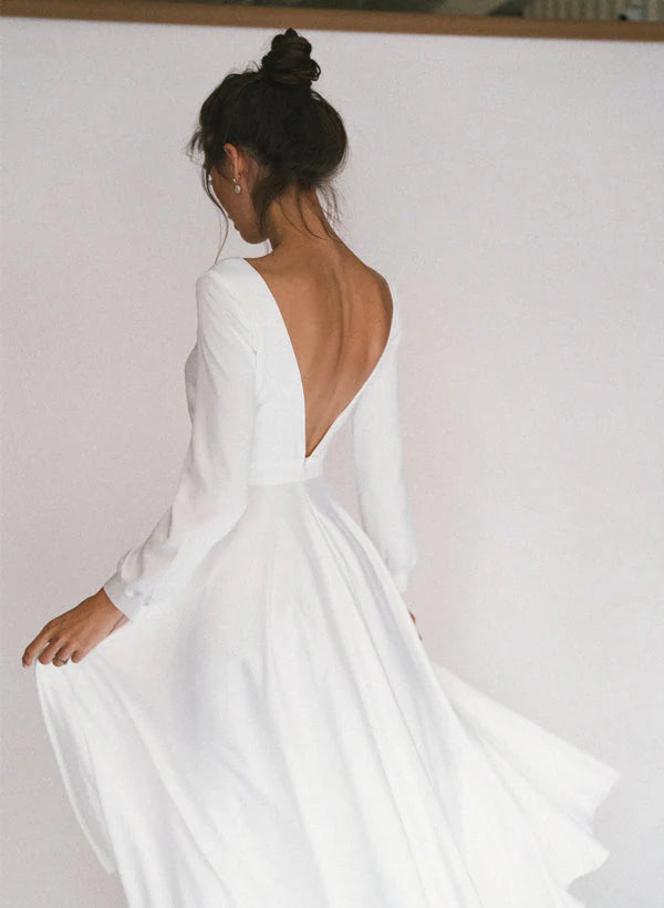 Boat Neck Long Sleeve A Line Wedding Dress with Deep V Open Back Pockets Ankle Length Bridal Gown