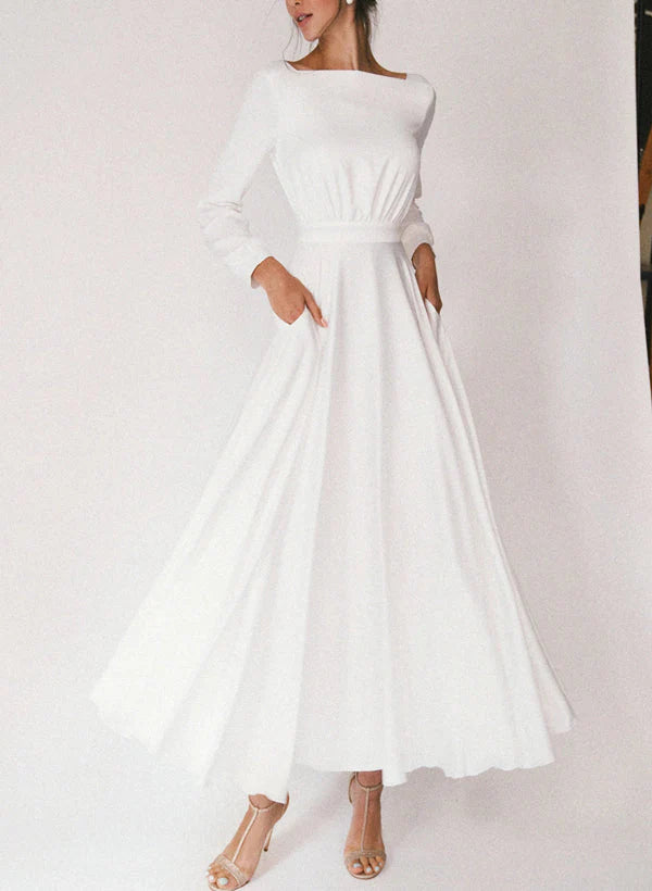Boat Neck Long Sleeve Chiffon Wedding Dress Deep V Back Pockets A Line Bridal Gown