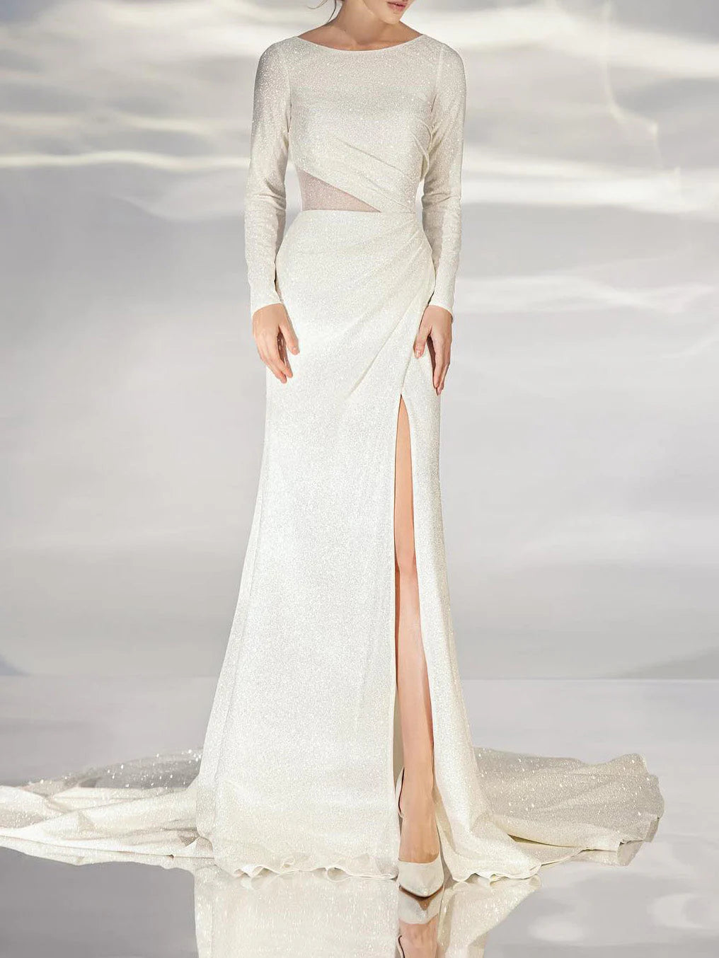 Boat Neck Long Sleeve Glitter Mermaid Wedding Dress with Illusion Cutout High Slit Sweep Train Bridal Gown