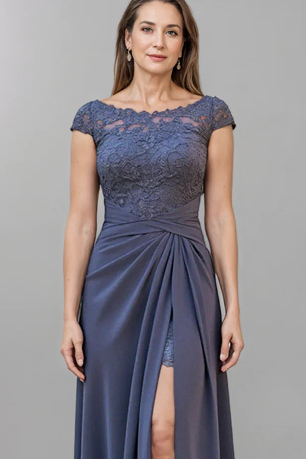 Boat Neck Twilight Long Ruched Mother of the Bride Dress with Slit