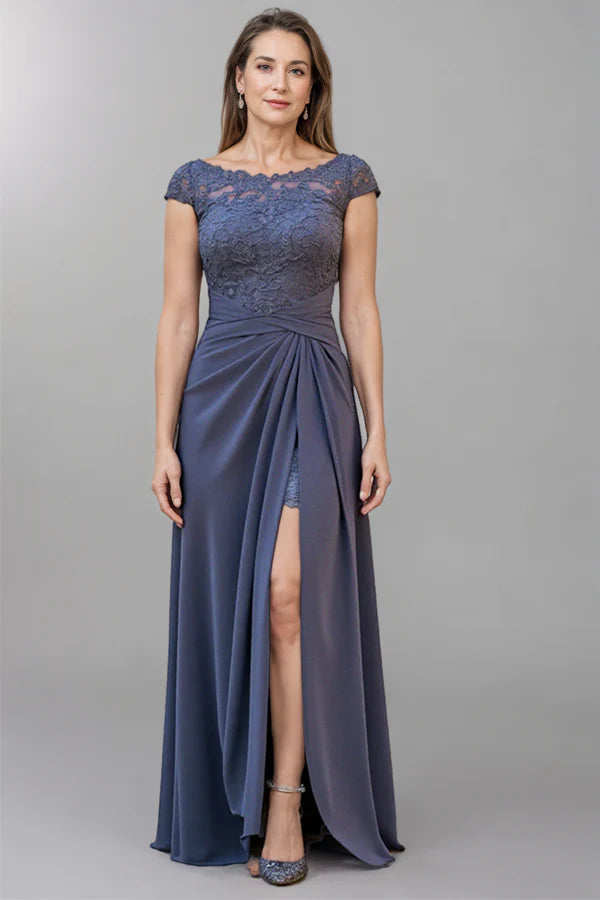 Boat Neck Twilight Long Ruched Mother of the Bride Dress with Slit