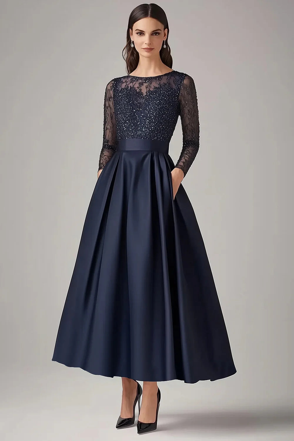 Bodycon 3/4 Sleeve Midi Navy Mother of the Bride Dress with Lace Appliques