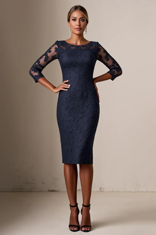 Bodycon 3/4 Sleeve Midi Navy Mother of the Bride Dress with Lace Appliques