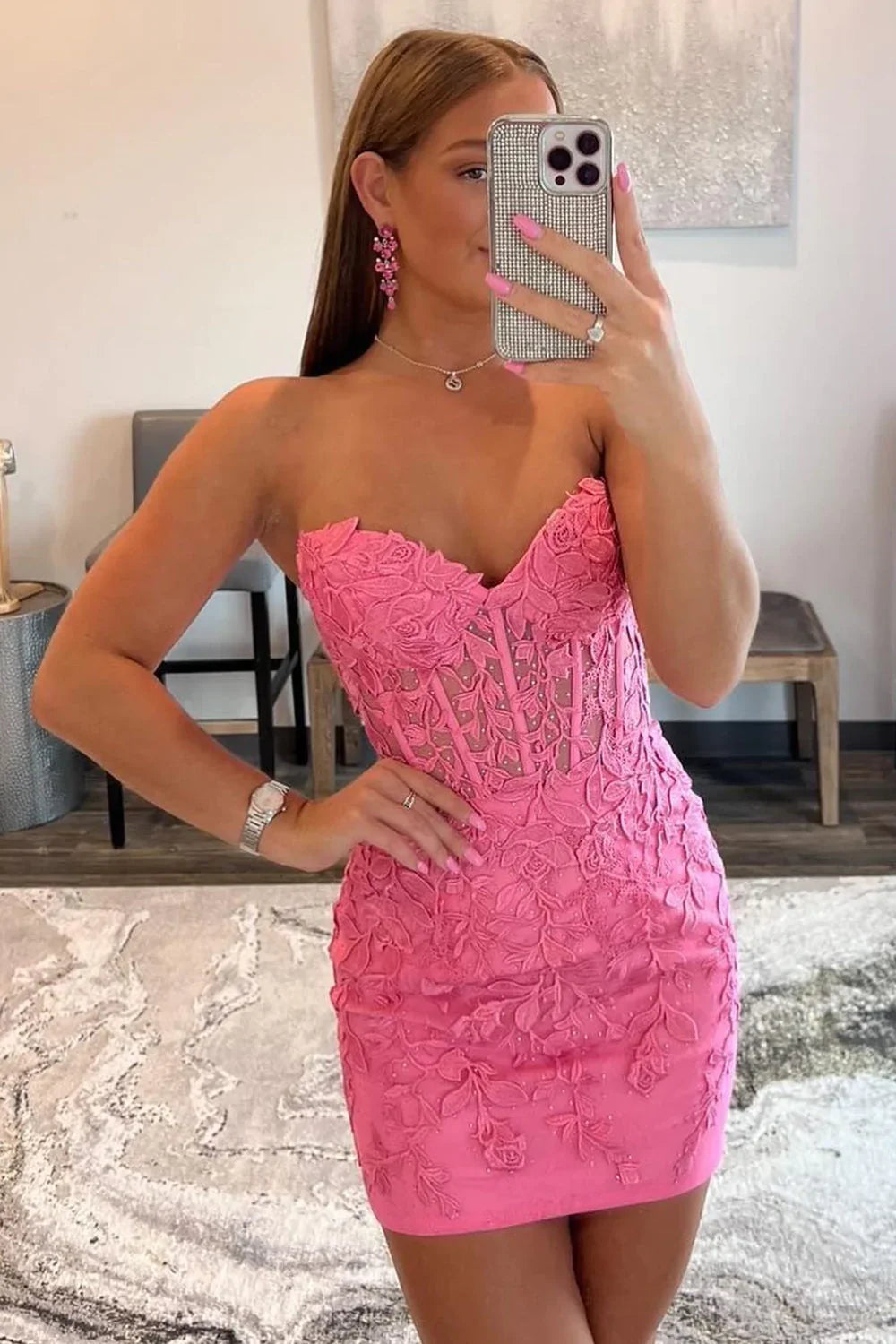 Bodycon Sweetheart Hot Pink Short Homecoming Dress with Appliques