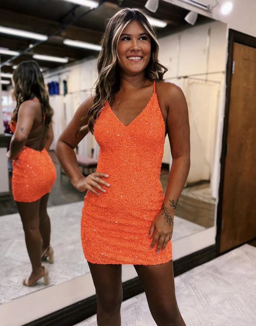 Bodycon V-Neck Cross Back Short Glitter Sequin Homecoming Dress