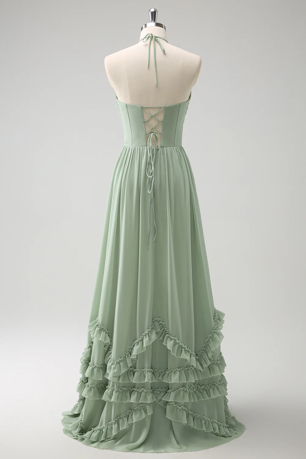 Bohemian Halter Sage Green Chiffon Evening Dress with Ruffle Trim and Lace-Up Back