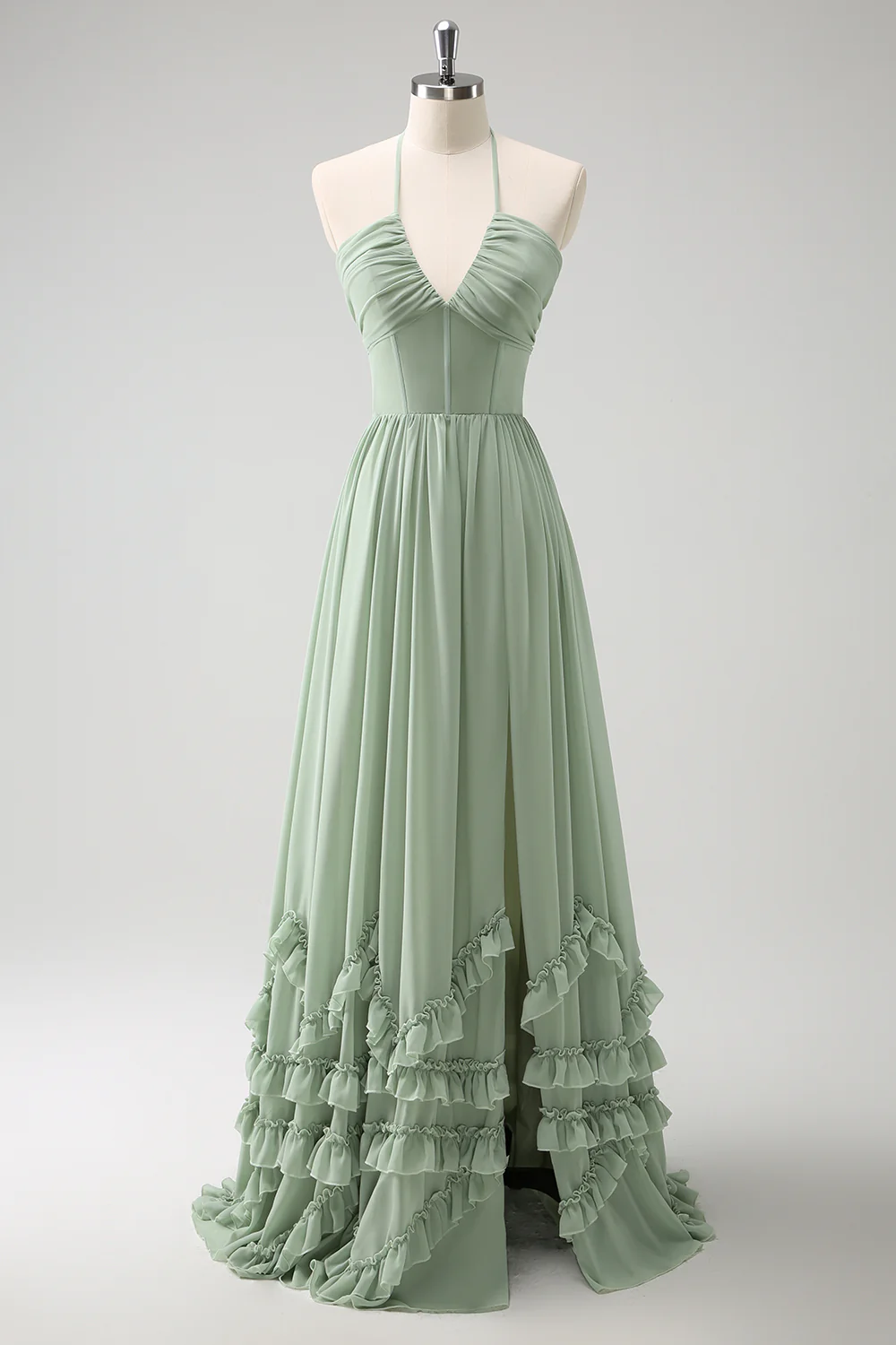 Bohemian Halter Sage Green Chiffon Evening Dress with Ruffle Trim and Lace-Up Back