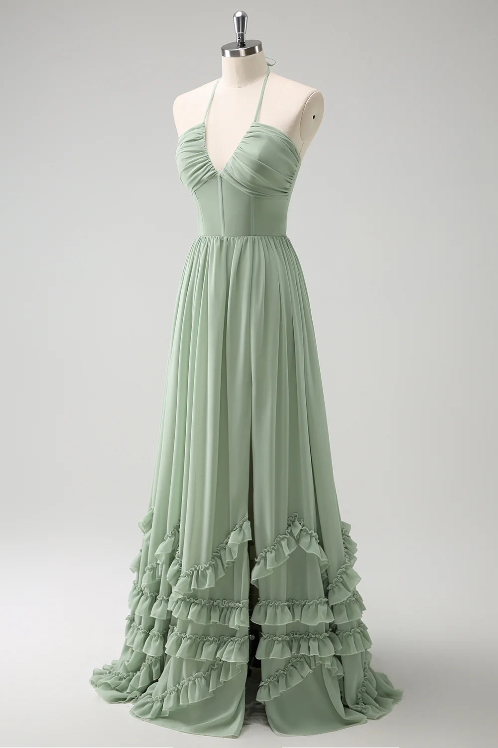 Bohemian Halter Sage Green Chiffon Evening Dress with Ruffle Trim and Lace-Up Back
