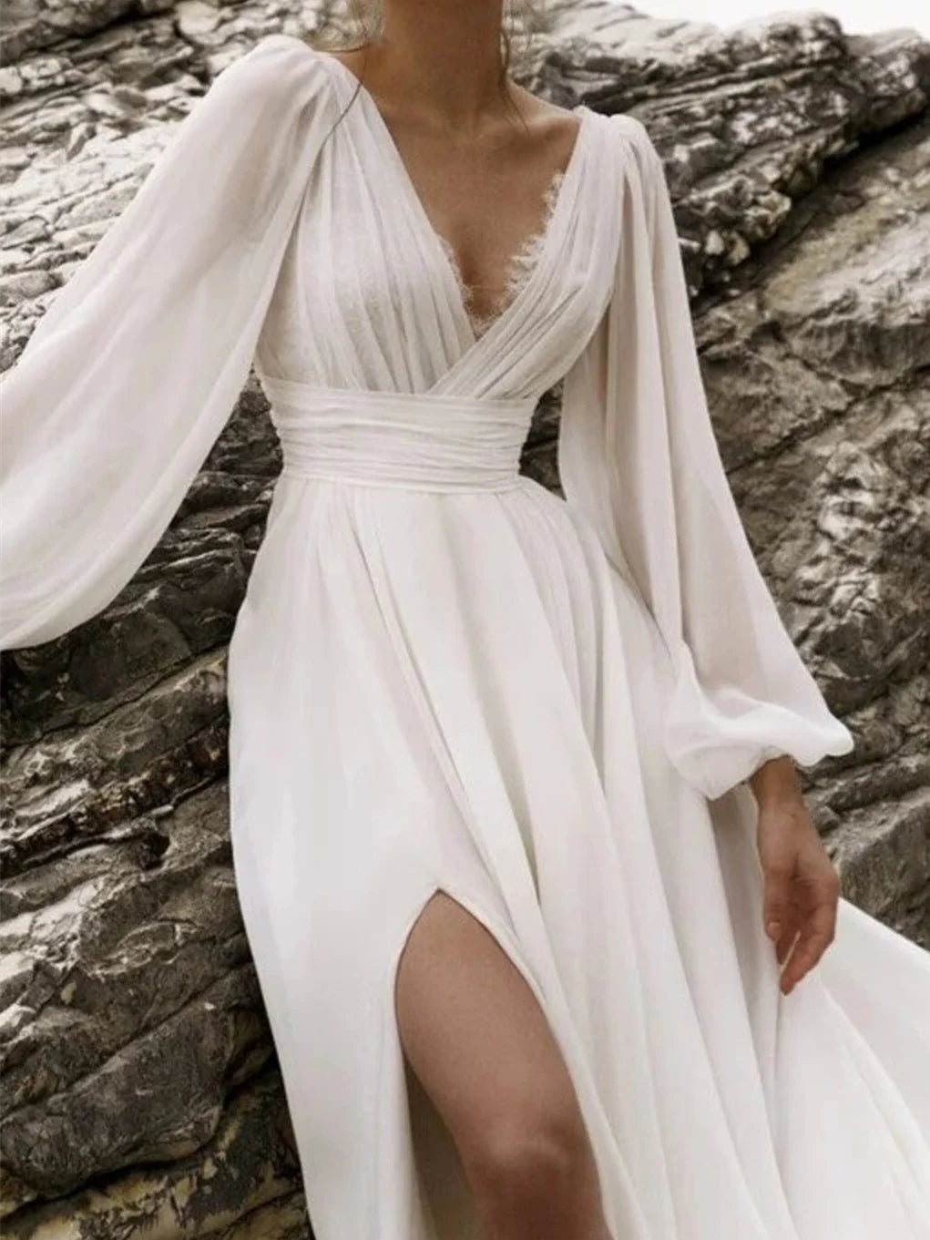 Bohemian Ivory V-Neck Lace Trim Chiffon Bishop Sleeve A-Line Floor-Length Wedding Dress with Sweep Train