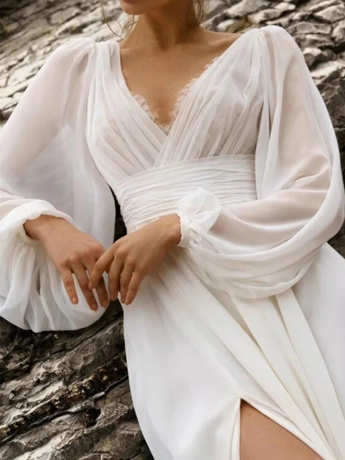 Bohemian Ivory V-Neck Lace Trim Chiffon Bishop Sleeve A-Line Floor-Length Wedding Dress with Sweep Train