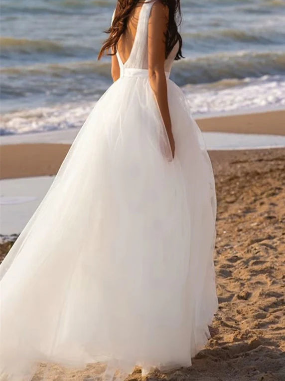Bohemian Plunging V-Neck Crinkle Tulle Sleeveless A-Line Beach Wedding Dress with Sweep Train