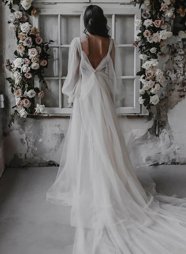 Bohemian Plunging V-Neck Sheer Puff Sleeve Open Back Tulle A-Line Wedding Dress with Chapel Train
