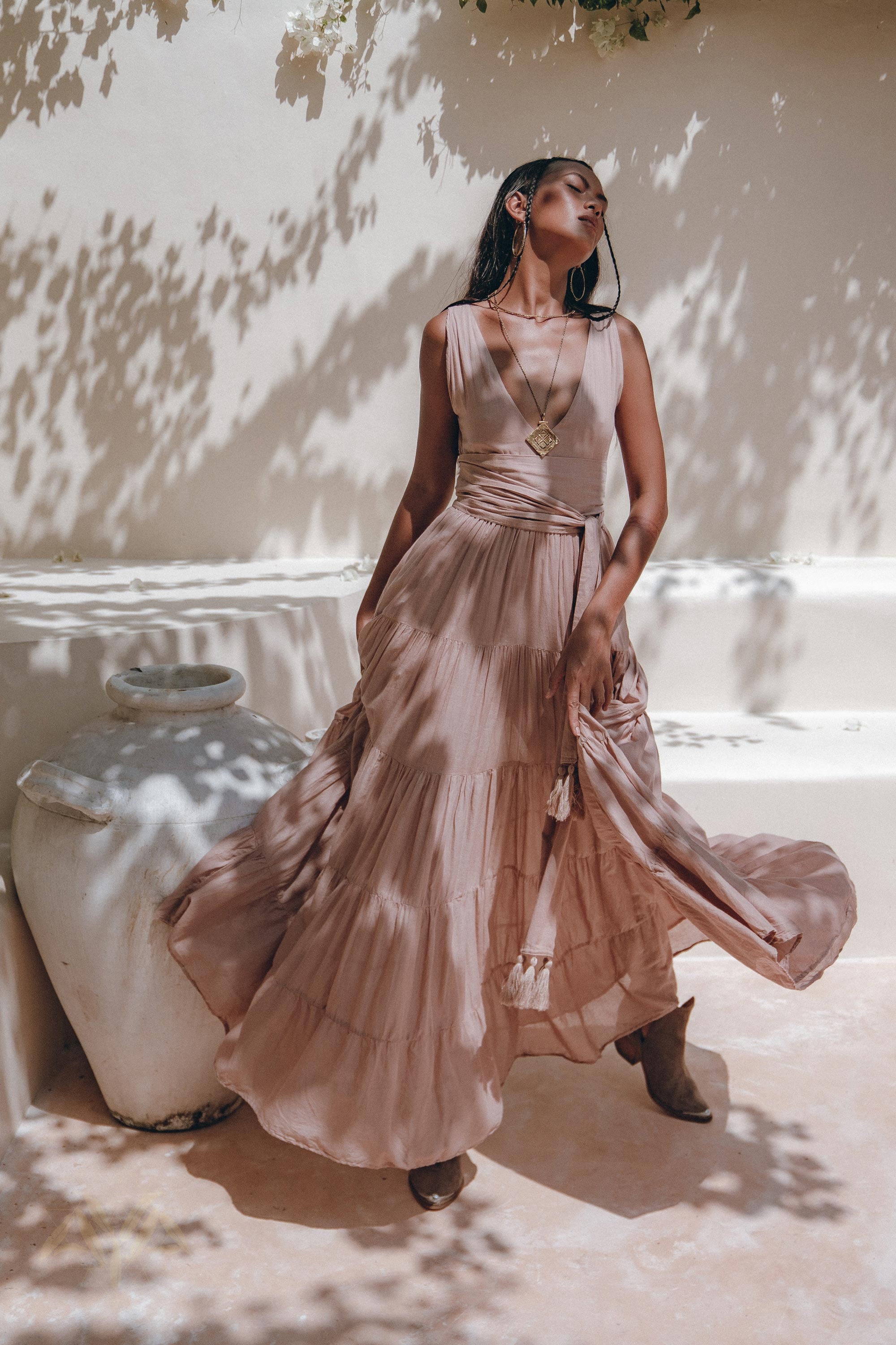 Bohemian Tiered Maxi Dress with Deep V Neck and Tassel Sash