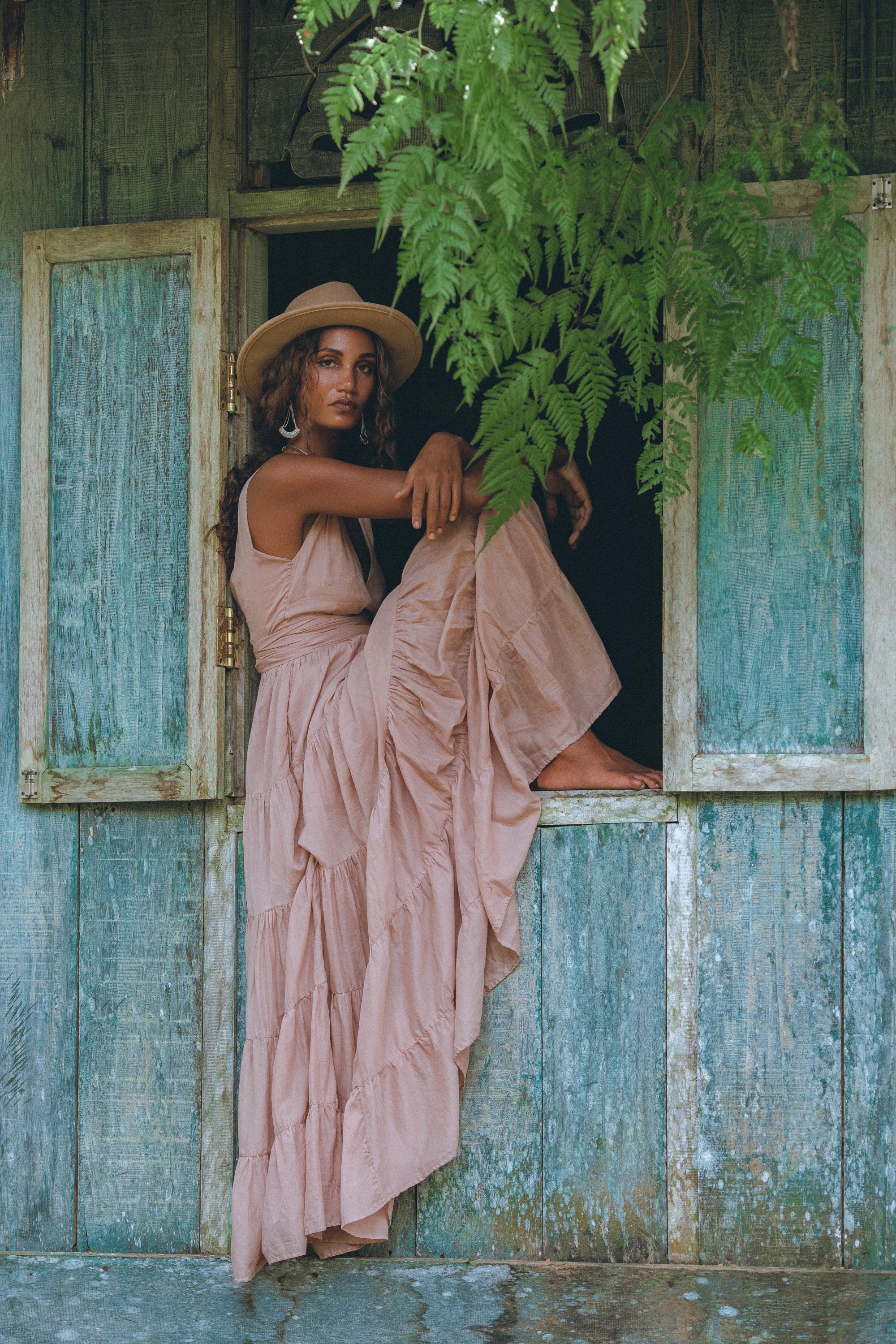 Bohemian Tiered Maxi Dress with Deep V Neck and Tassel Sash